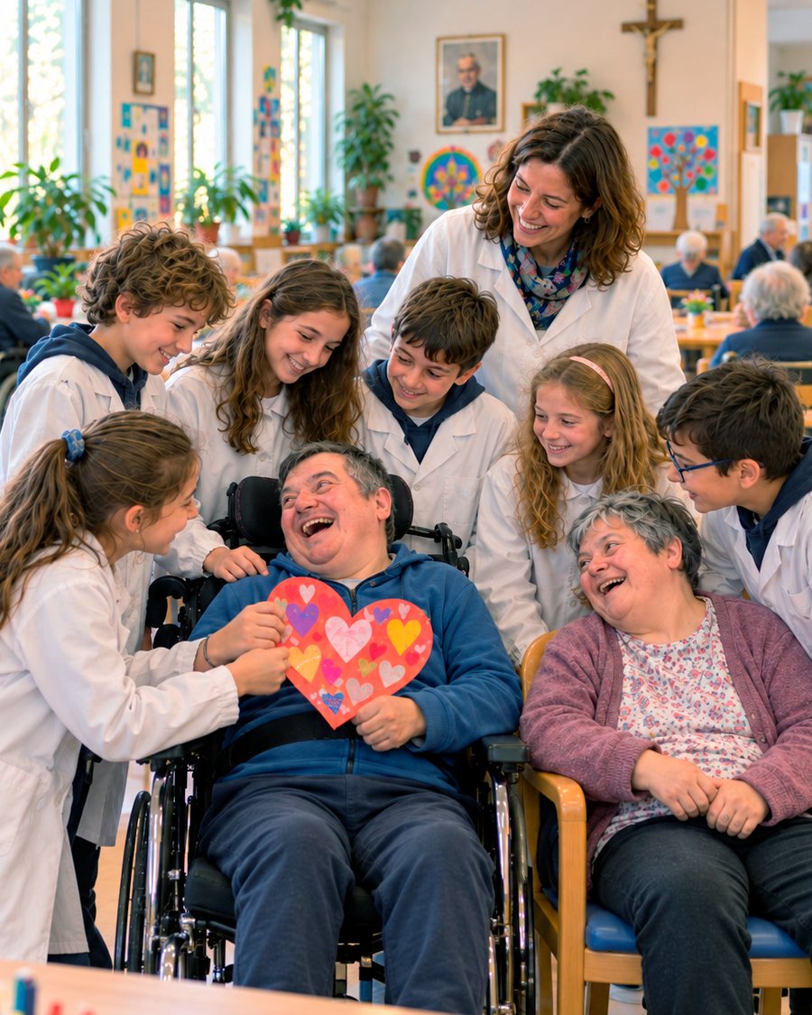 Residentes del Cottolengo con chicos de un colegio de visita, que les regalan un corazón de colores